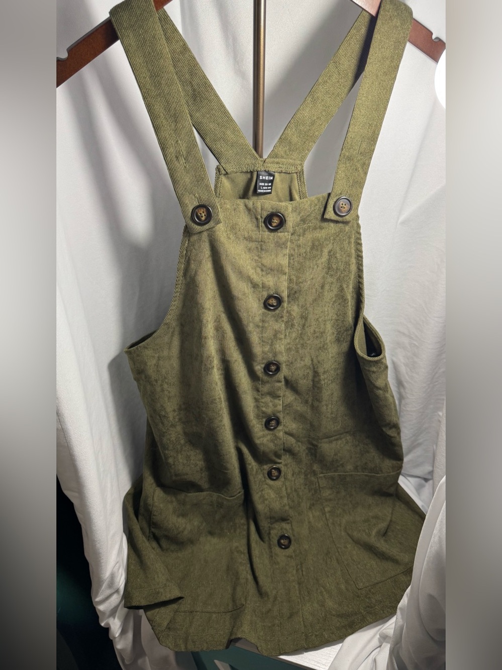 SHEIN Olive Green Corduroy Button-Front Pinafore Jumpsuit